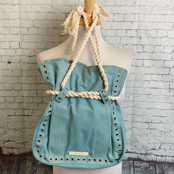 Maxazria Collection Purse Canvas Grommets Rope Handle Beach Resortwear Vacation - Picture 3 of 15